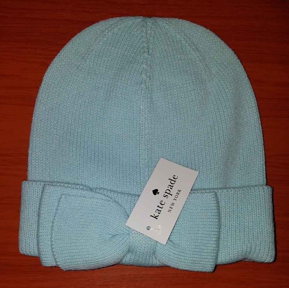 New Kate Spade New York Icy Blue Bow Knit Beanie,